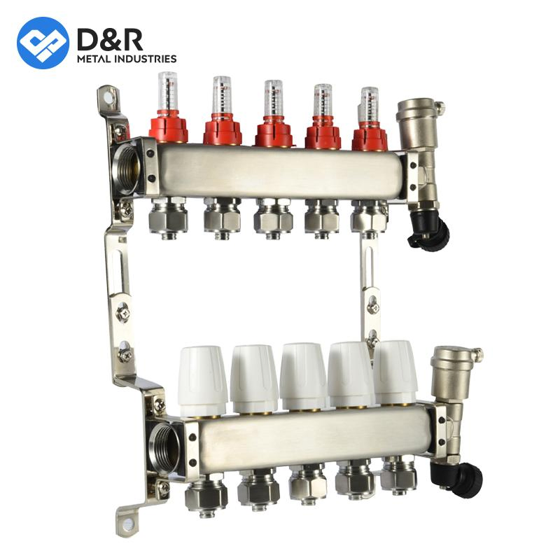 D&R 2024 New Arrived DN25 Stainless Steel Water 2~15 Loop Distribution Flow Meter Manifold for Floor Heating Systems