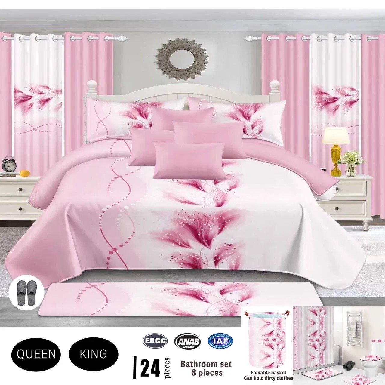 Bathroom 8PCS Suite Printed Quilted Bedding Set Black Polyester Home Hotel Textile 24-Pieces ODM Pillowcases Bedspread with Curtain Supplier