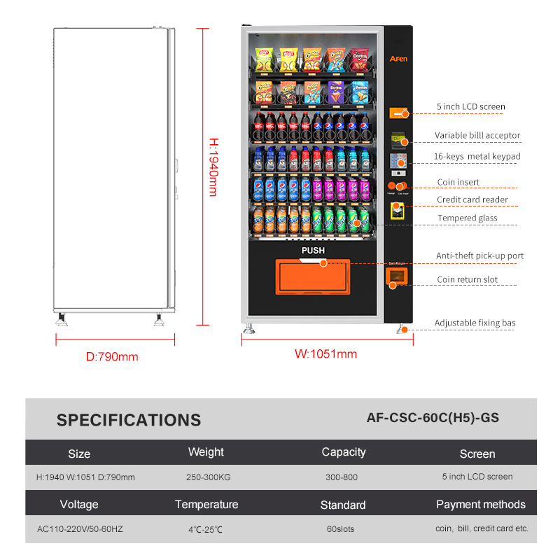 Afen Automated Dispensing Cabinet Drinks and Snacks Vendor Machine with Refrigeration System for Busy Place