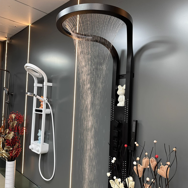 Bathroom Luxury Shower Screen Shower Set Full Copper Pressurized Ring Large Waterfall Black Shower Wall Hanging System Accessories