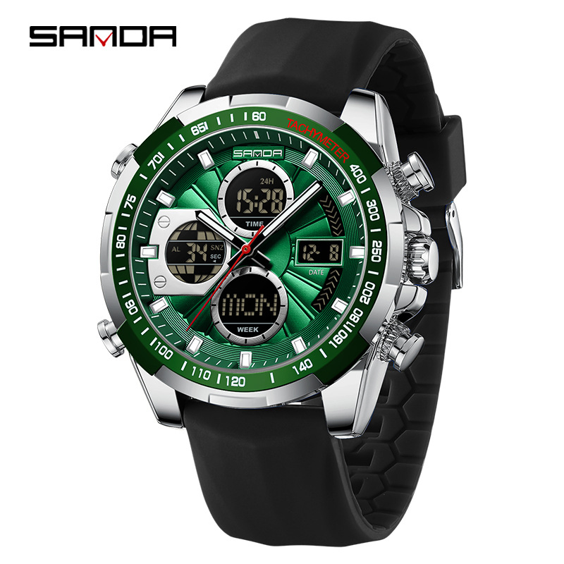 Men's Large Dial Electronic Watch Waterproof Alloy Case Multifunctional Chronograph Calendar Wristwatch