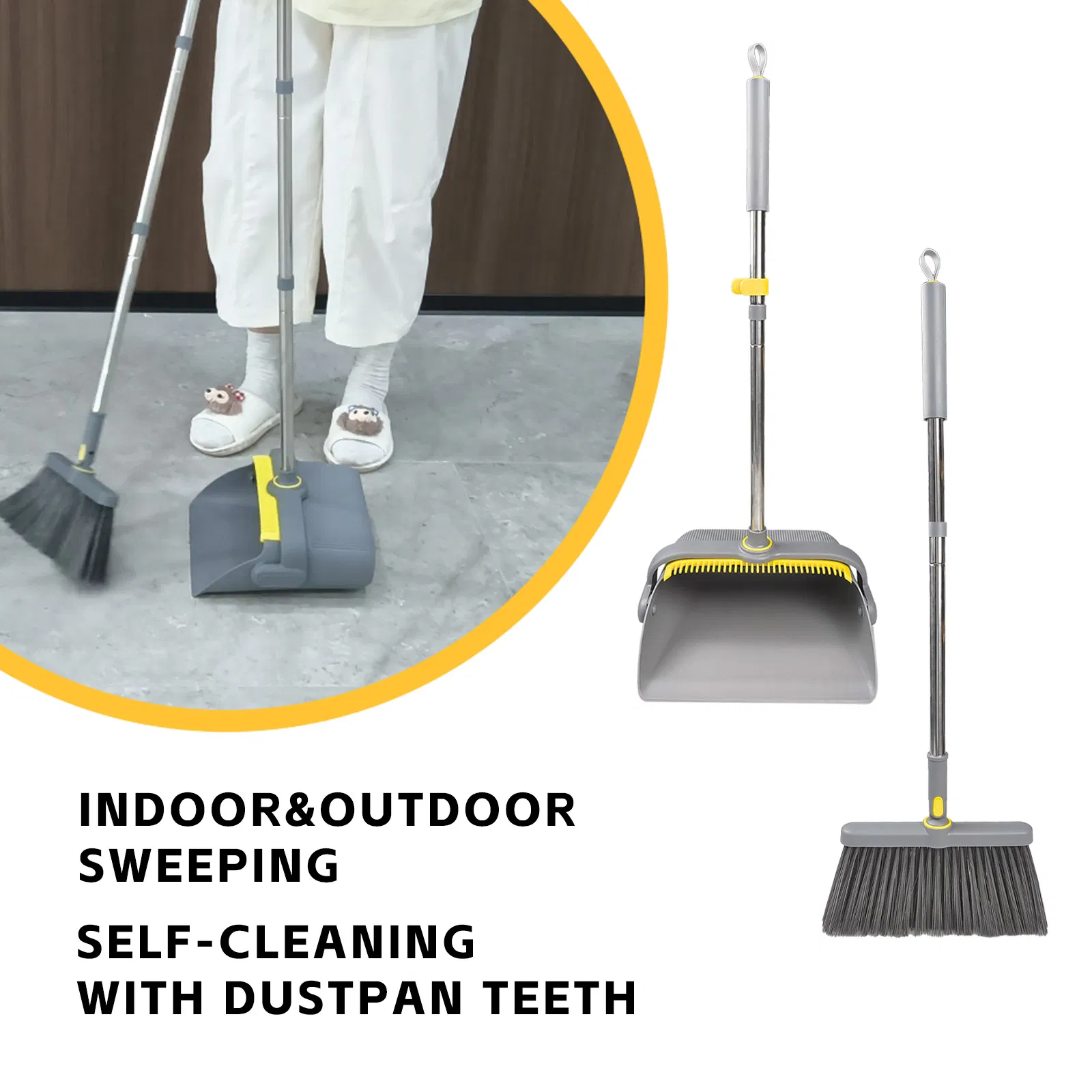 Long Handle Broom and Dustpan Set Adjustable Handle Dust Pan Teeth
