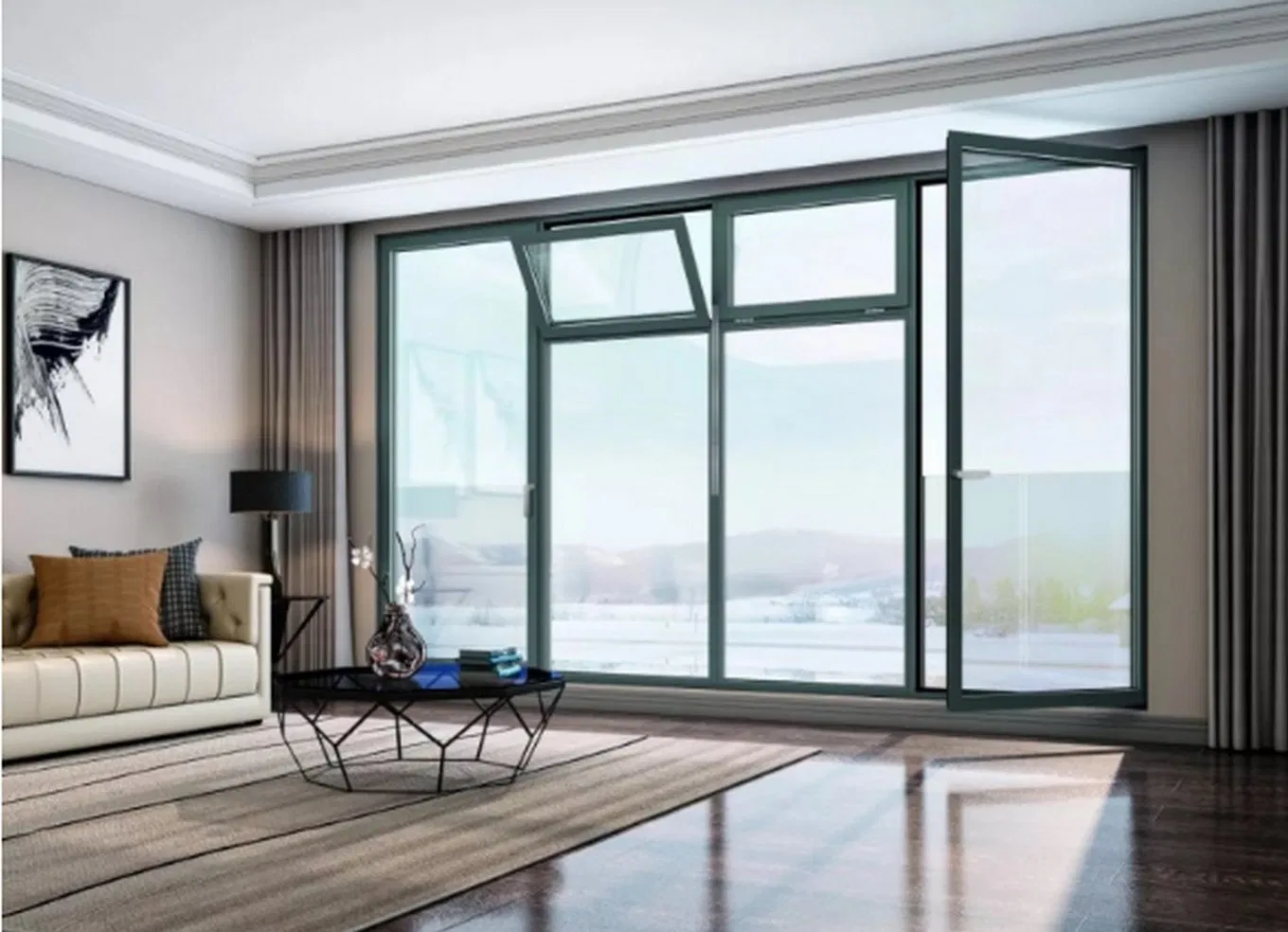 Minimalist High Strength Tempered Glass Sound Insulation Heat Proof Aluminium Metal Glass Window