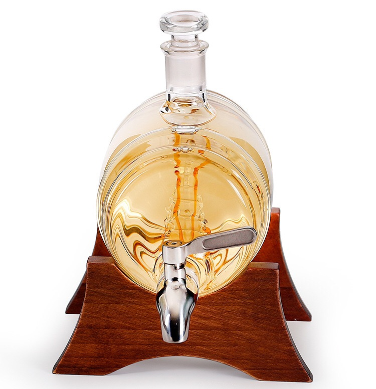 Wine Barrel Shape 1000ml Dispenser Handmade Transparent Barrel Decanter with Metal Faucet for Wine Drinking Type Bottle