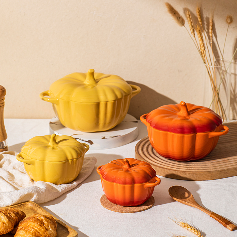 Halloween Ceramic Pumpkin Bowl with Lid Double Ear Children's Soup Bowl