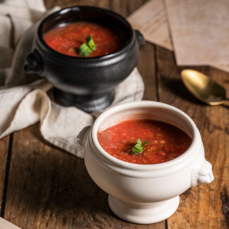 Wholesale Double Lion Head Handle Design Ceramic Footed Soup Bowl