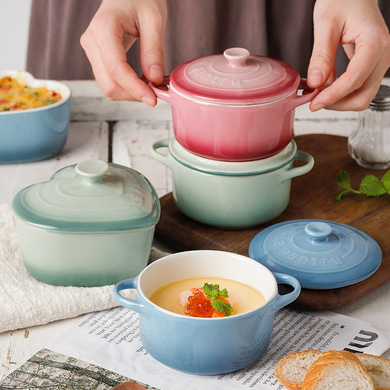 Ceramic Baby Food Bowl with Ear and Cover Steamed Egg Custard Stew Bowl