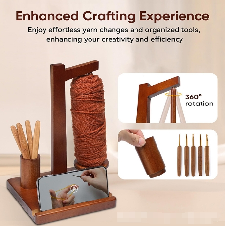 Бамбуковая подставка для пряжи с держателем телефона