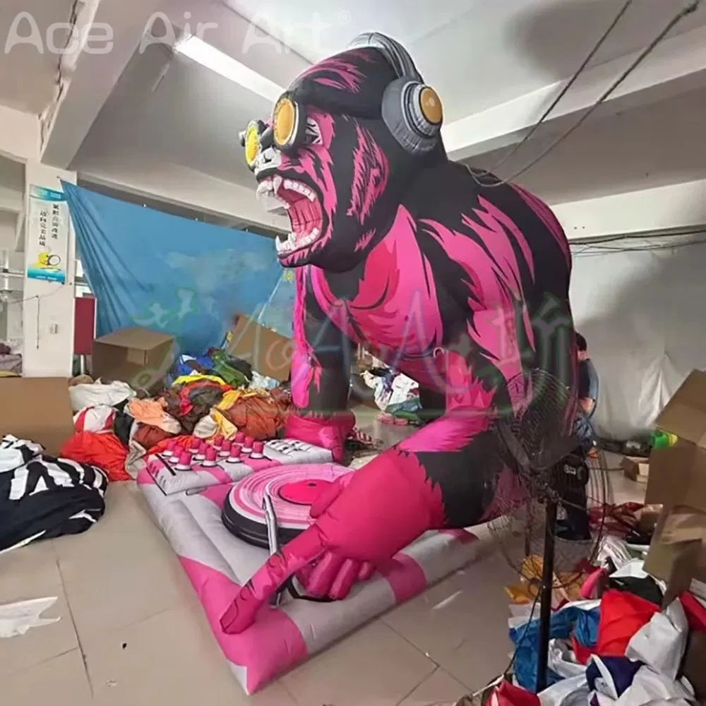 5m Giant Inflatable Gorilla Wearing Headphone Pressing DJ Key Board Balloon for Nightclub Music Festival Decor Event Advertising Props
