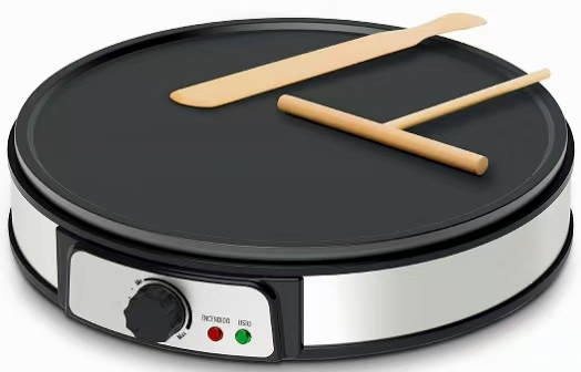 12-Inch Electric Crepe Maker with SUS Rim Nonstick Cooktop Portable Griddle Adjustable Temperature Control Includes Wooden Spatula, Batter Spreader