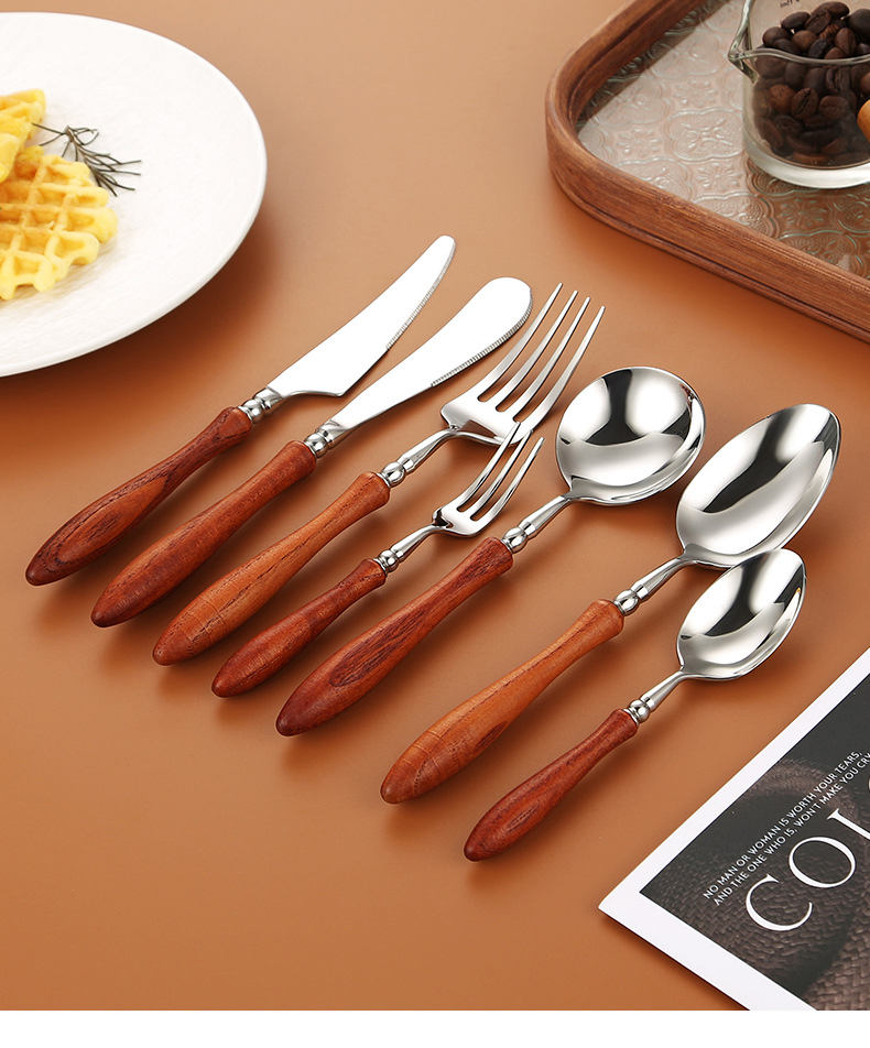 Round Handle 304 Stainless Steel Walnut Knife, Fork and Spoon. Hotel Restaurant Rosewood Western Cutlery, Dessert Spoon and Tableware.