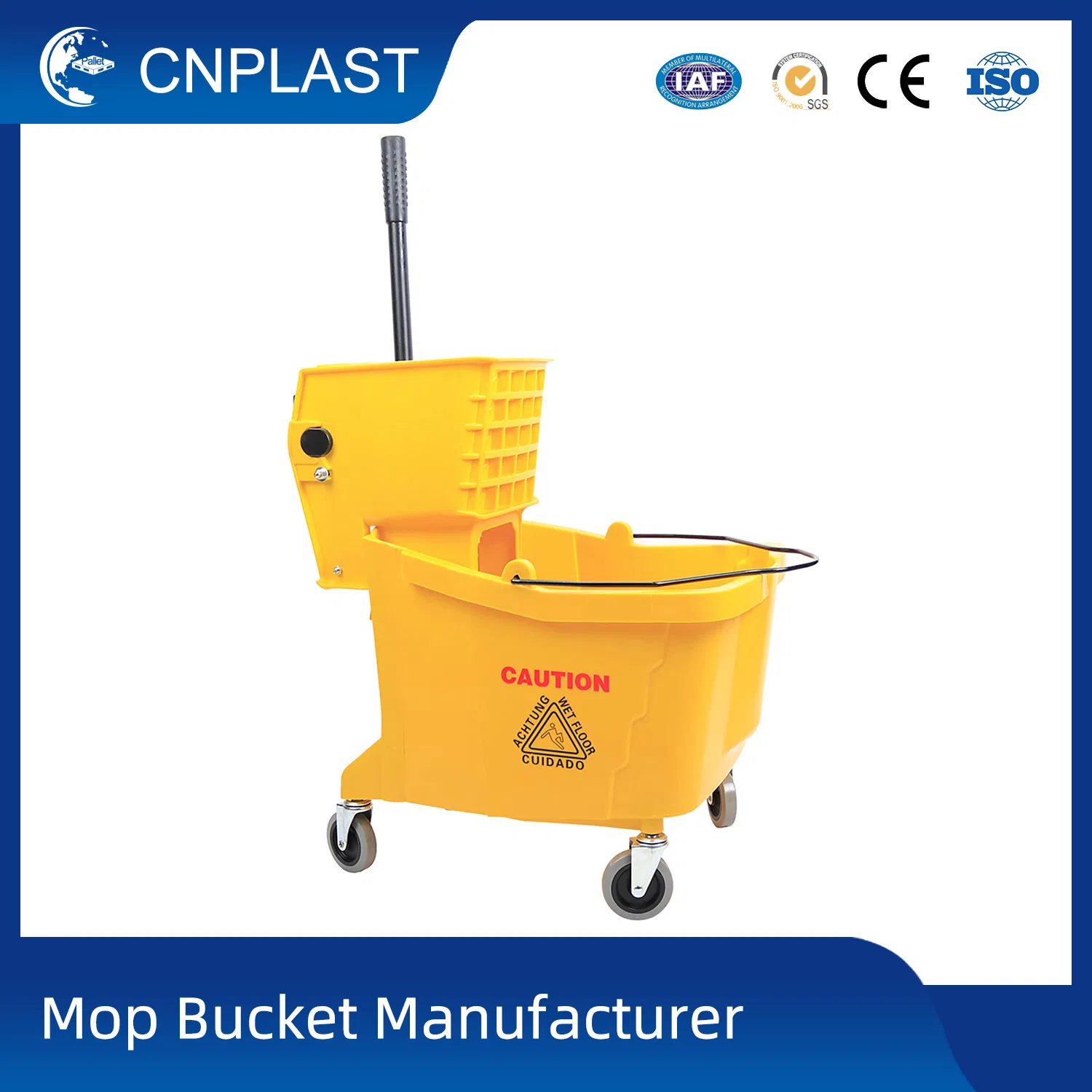 36L Commercial Yellow Plastic Floor Cleaning Squeeze Mop Bucket with Wringer Side-Press Cleaning Carts