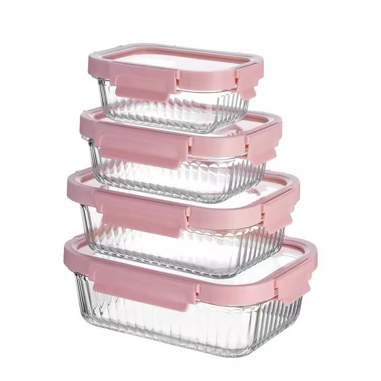 New Design Ribbed Food Container Glass Lunch Boxes with Lids