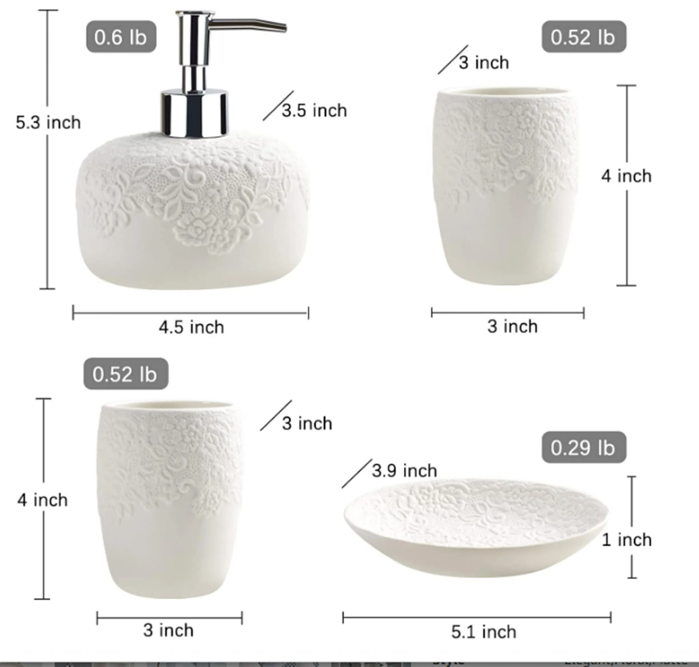 Ceramic Dispenser Soap Dish Cup Bathroom Accessories Set with Embossed Design