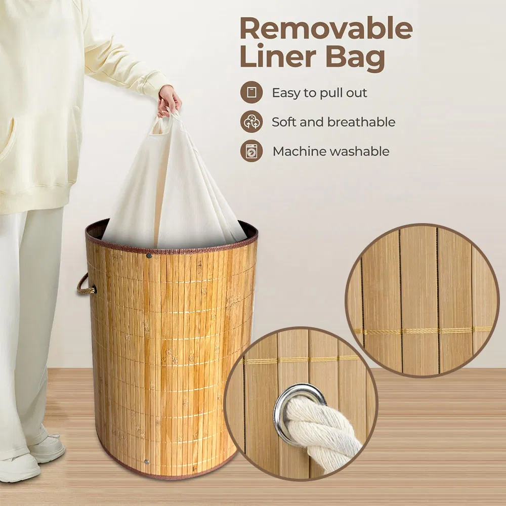 Foldable Large Bamboo Laundry Basket with Liner with Lid and Handle