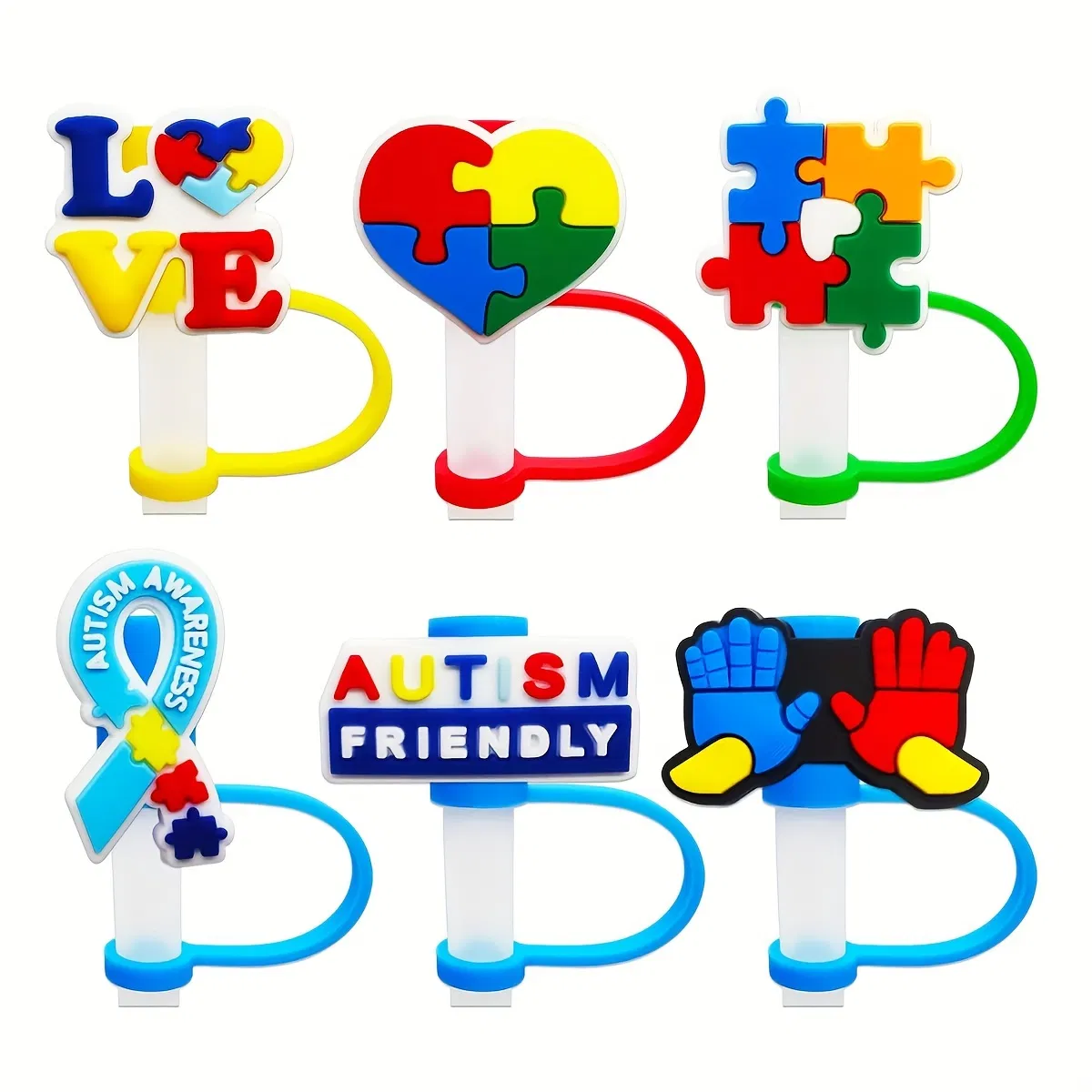 Custom Autism Awareness Straw Stopper Minimalist Silicone Material Proof Straws Cover