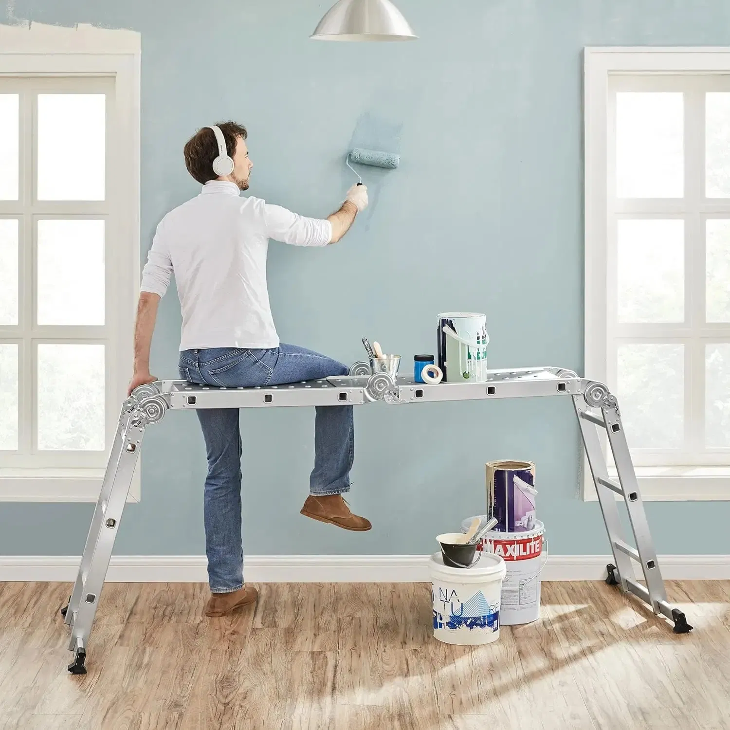 4X 2-8 Folding Aluminum Scaffold Ladder Staircase with Big Hinges Modern Design for Home Warehouse & Supermarket Outdoor Indoor Use