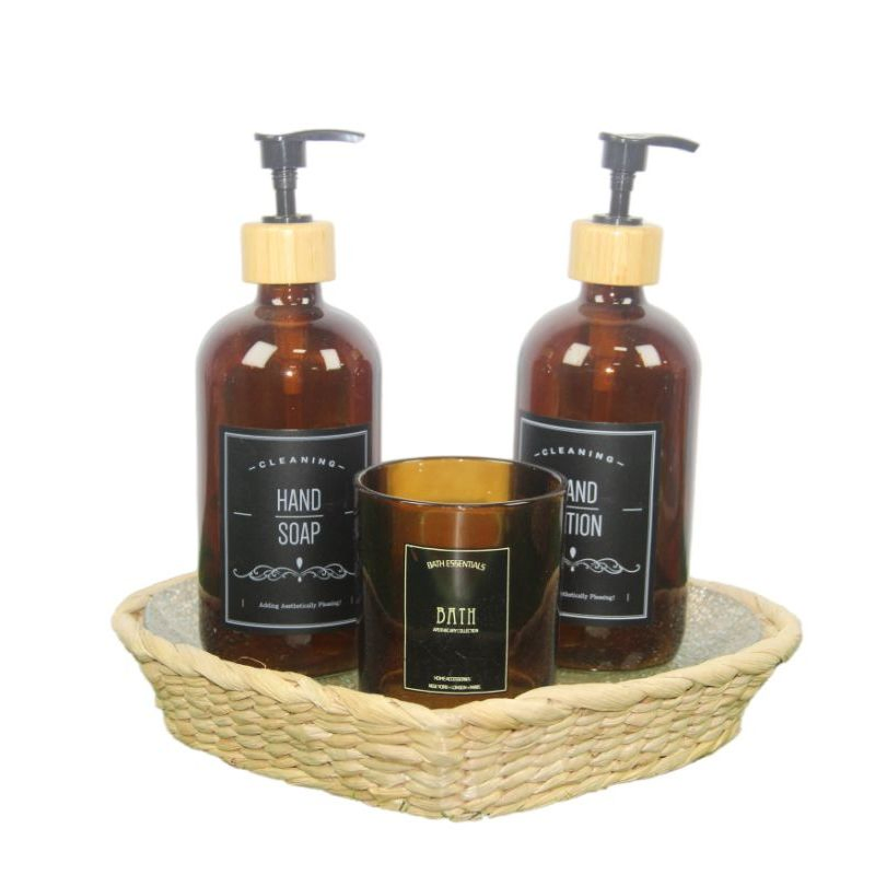 Stylish Amber Dispenser Bottles and Reed Storage Basket Set