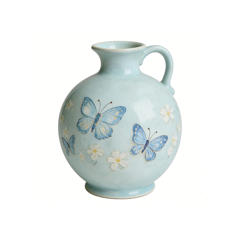 Ceramic Water Pitcher with Hand-Painted Butterfly & Floral Design