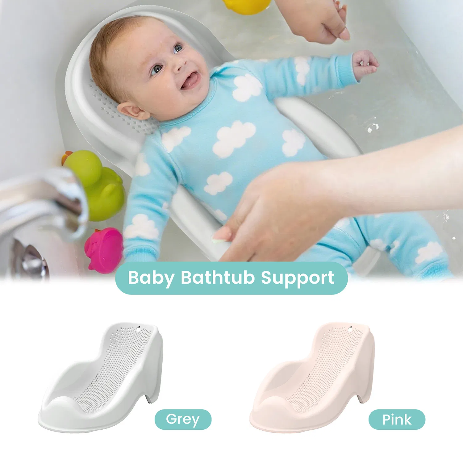 Baby Bathtub Support, Ergonomic Newborn Bath Seat with Non-Slip Design, 2 Colors (Grey/Pink) for Infant Bathing