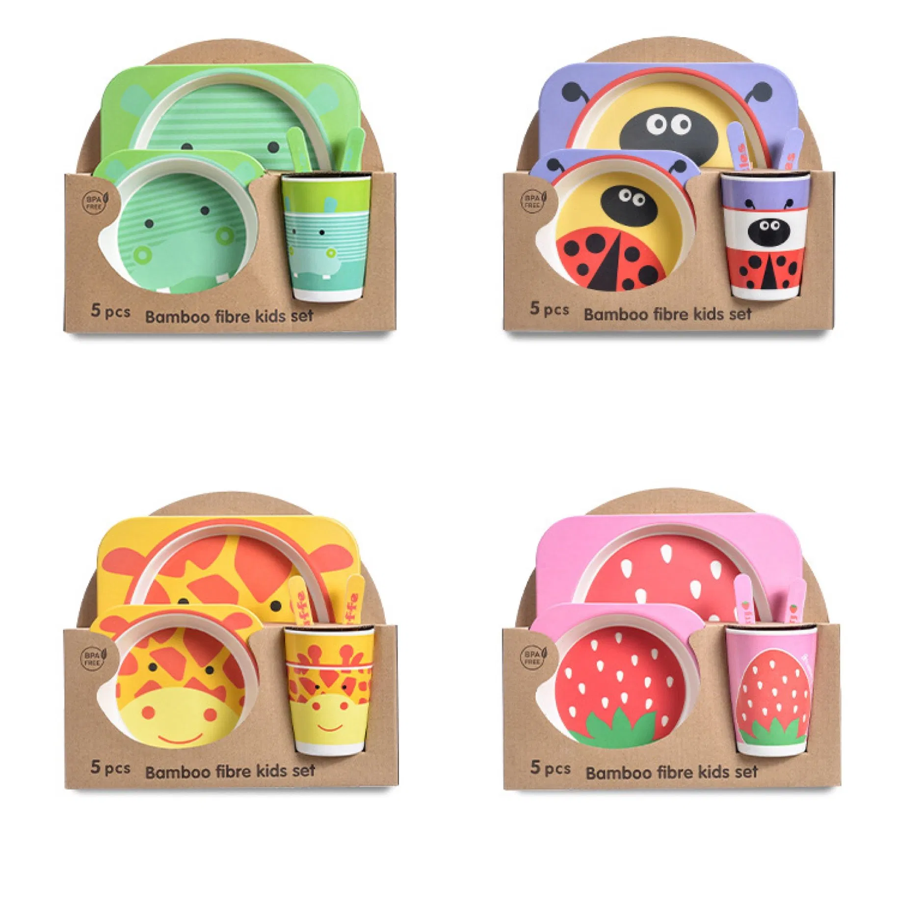 New Arrival Bamboo Fiber Tableware Kids Dining Table Plates Sets 5-Pieces for Baby Bamboo Children Dinnerware Set Cutlery Set