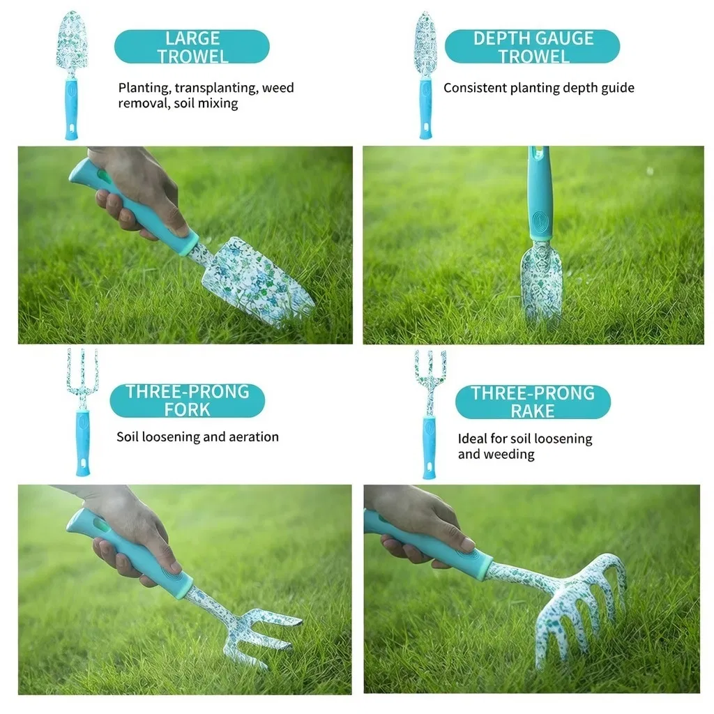 Aluminum Alloy & Stainless Steel Garden Tool Set - Printed Floral Gardening Kit