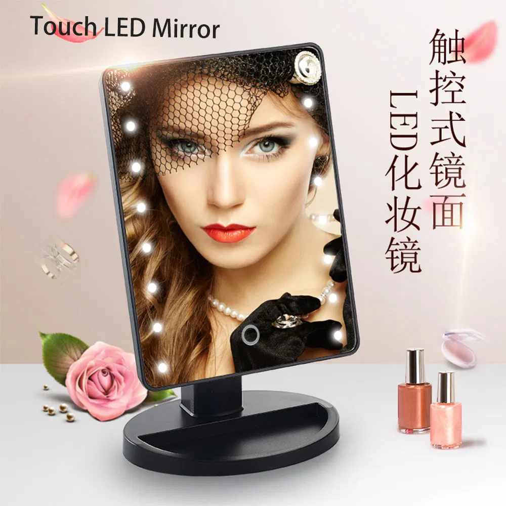16 LED Lights with Touch Sensor Dual Power Supply Table Makeup Mirro with Adjustable Dimmable 180° Rotation