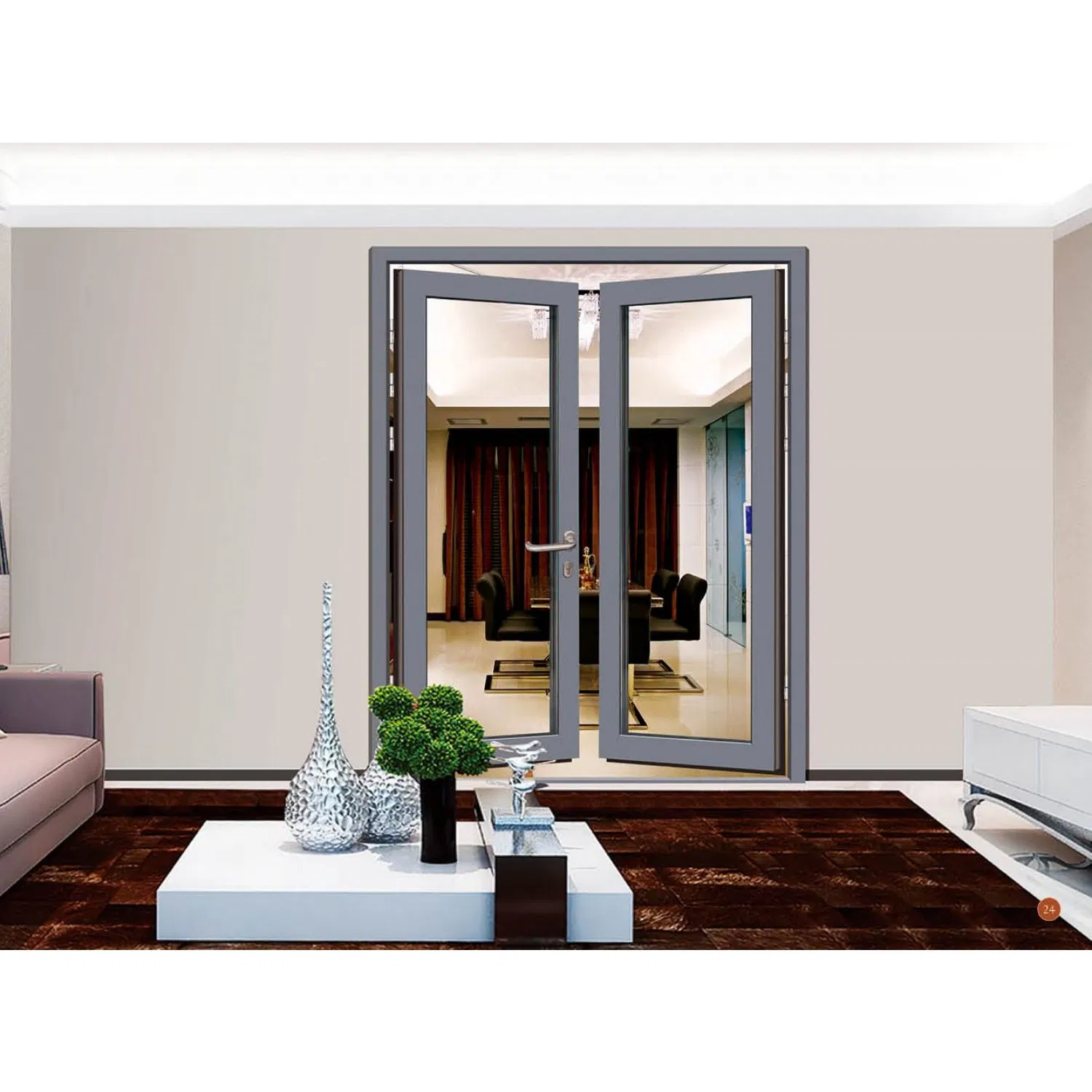 Aesthetic Appeal Reinforced Glass Aluminum Alloy Symmetrical Double French Casement Door