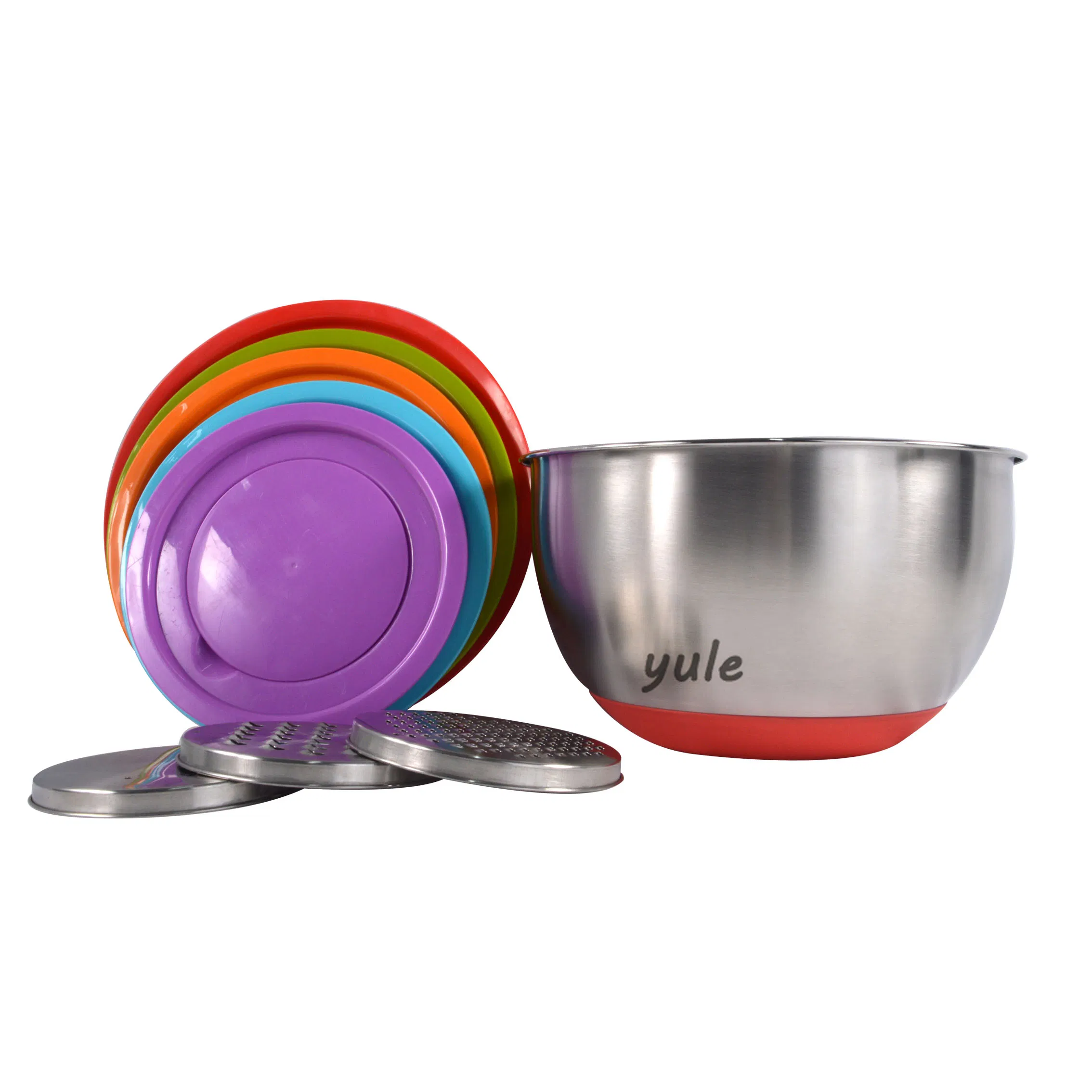 Good Quality Colorful Silicone Bottom Salad Bowl with Lid Stainless Steel Mixing Bowl