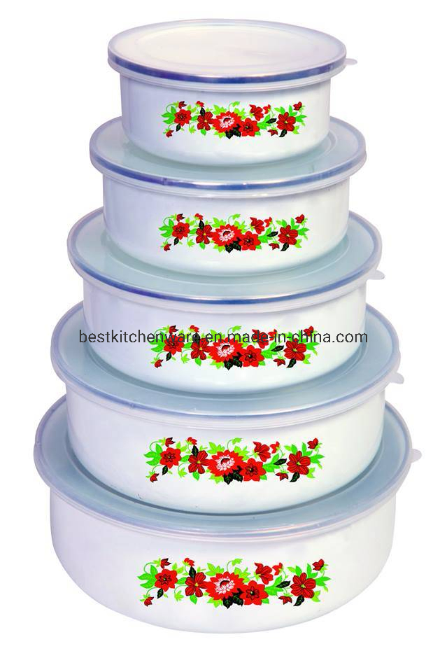 High Quality 5PCS Enamel Salad Bowl with Plastic Lid