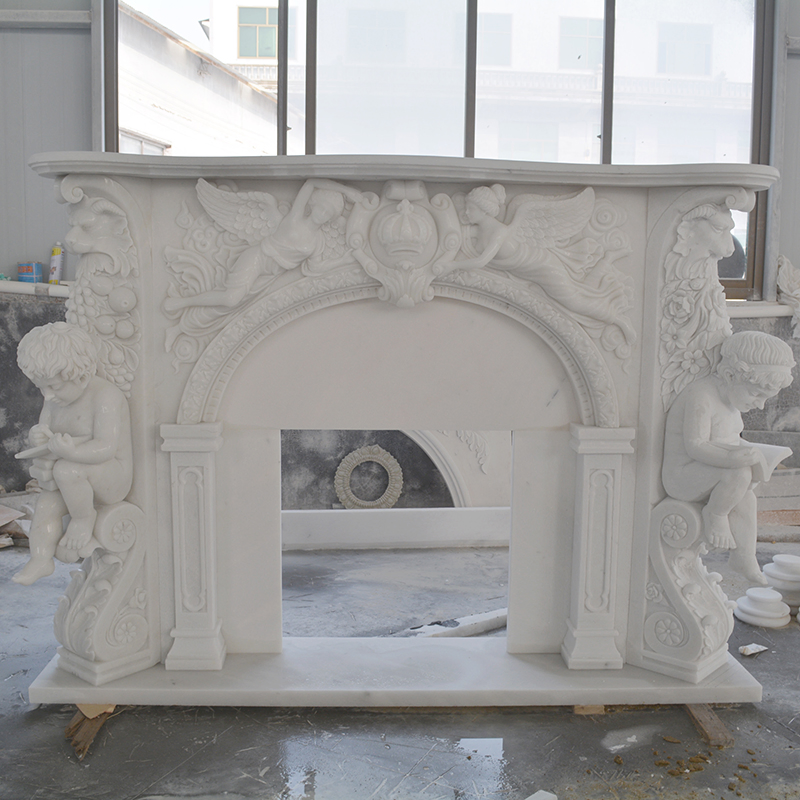 Factory Directly Supply Stone Indoor Fireplace Customized Size White Marble Angel Statue Fireplace Mantel