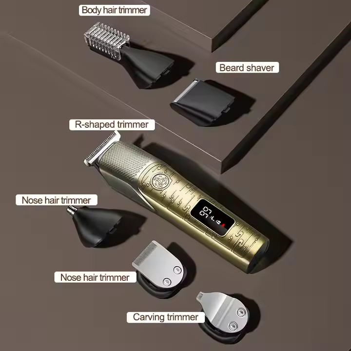 Retro Men's Digital Display Multi-Functional Six-in-One Bald Hair Clipper Electric Ipx6 Nose Hair and Body Hair Trimmer