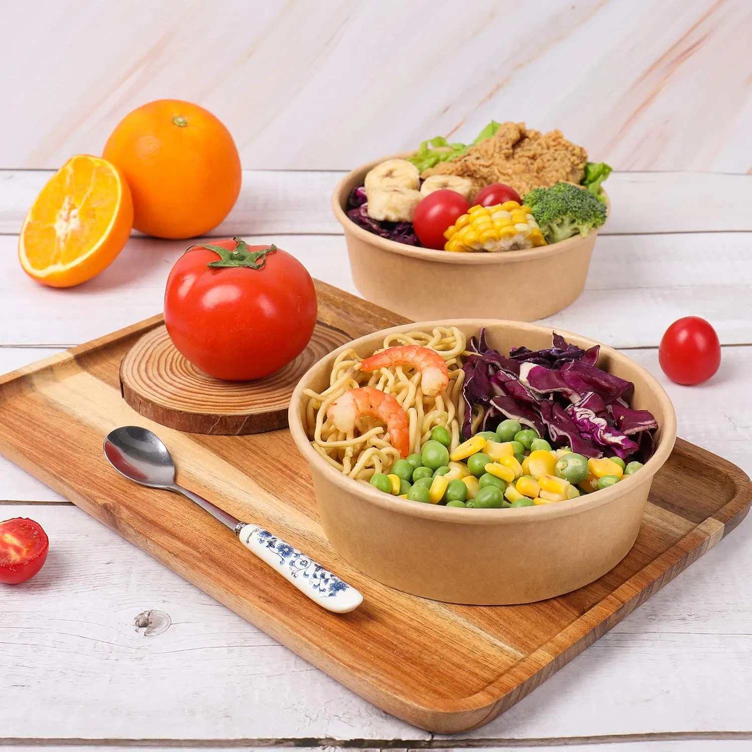 1000ml Disposable Salad Bowls with Pet Lid, Round Kraft Paper Bowl Takeaway