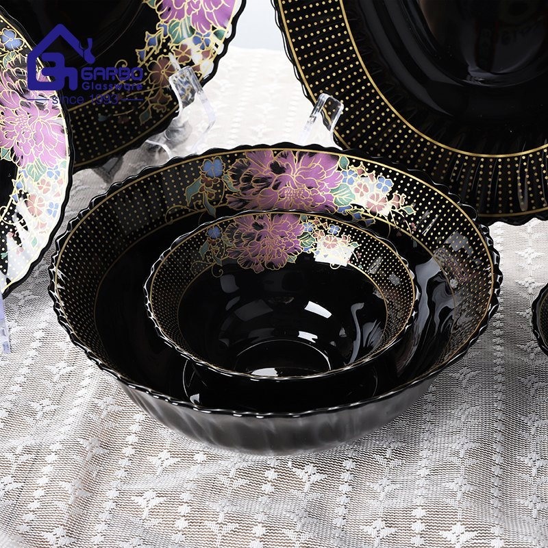 High-End 33PCS Black Opal Glassware Set and Opal Dinner Set Custom Black Opal Glass Dinnerware Set for Algeria and Egypt Market