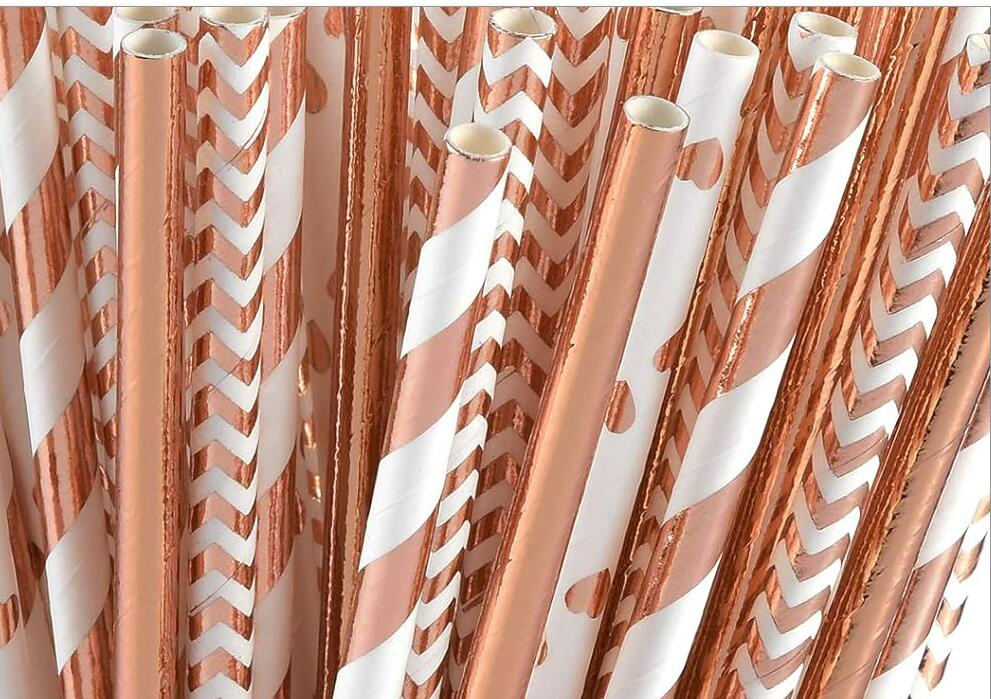 Super Value Premium Quality with 4 Unique Designs Rose Gold Paper Straw for Beverages, Cocktails, Arts & Crafts