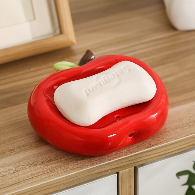Apple Ceramic Soap Dish Bathroom Sink Soap Holder, Drainable, Non-Standing Water