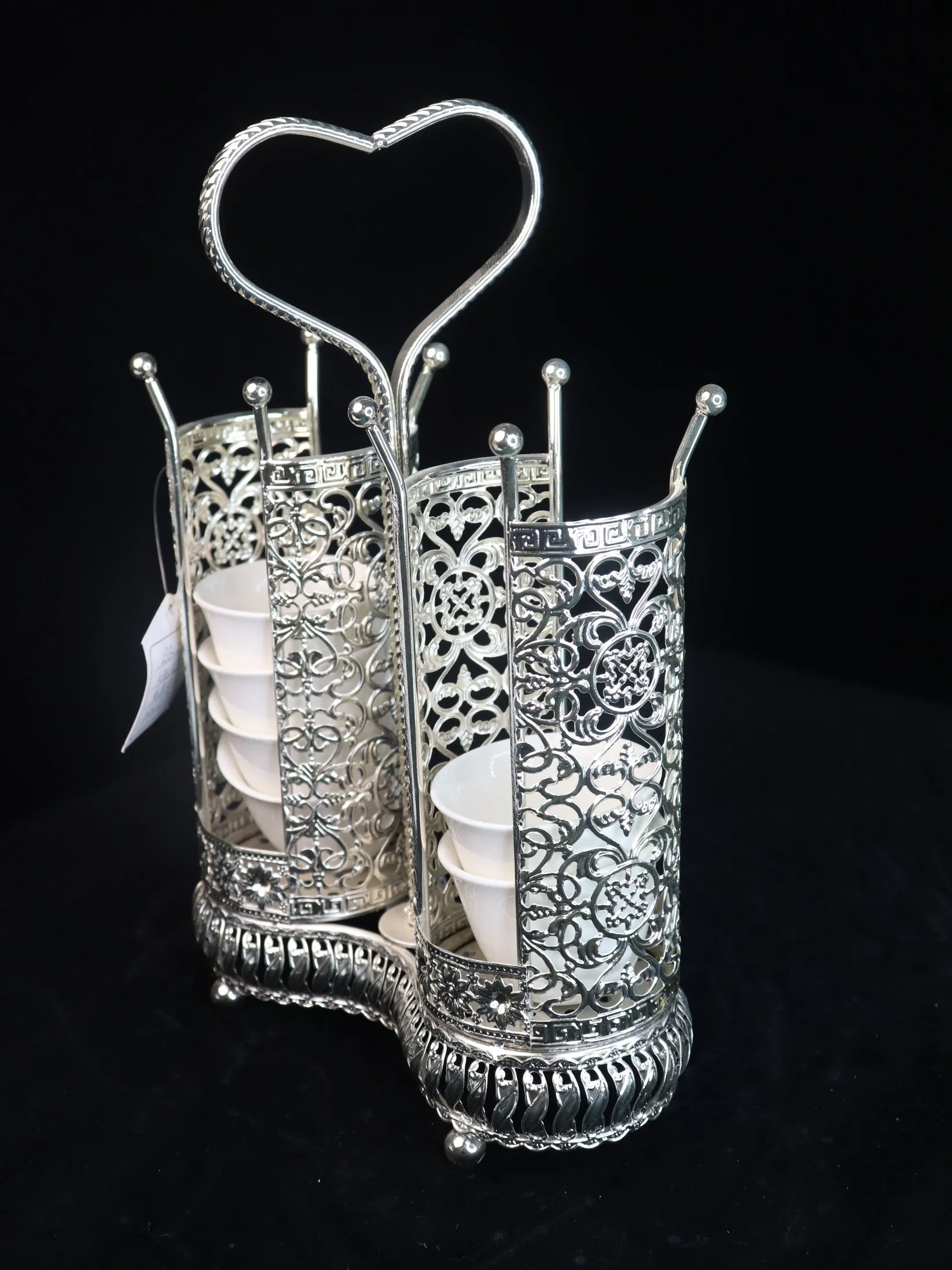 Decorative Silver Plated Iron Frame with Ceramic Tea Cup Decoration Set