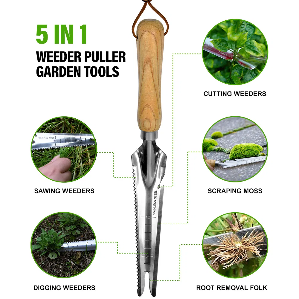 Garden Hand Tool Sets Multifunction 5-in-1 Weeder Puller for Transplant, Cutting, Digging, Measuring and Pruning