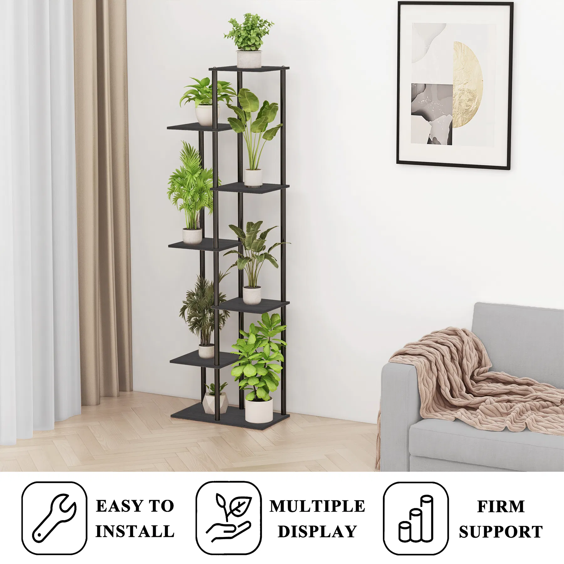 7 Tier Indoor Corner Steel Wood Black Plant Shelf Flower Stand