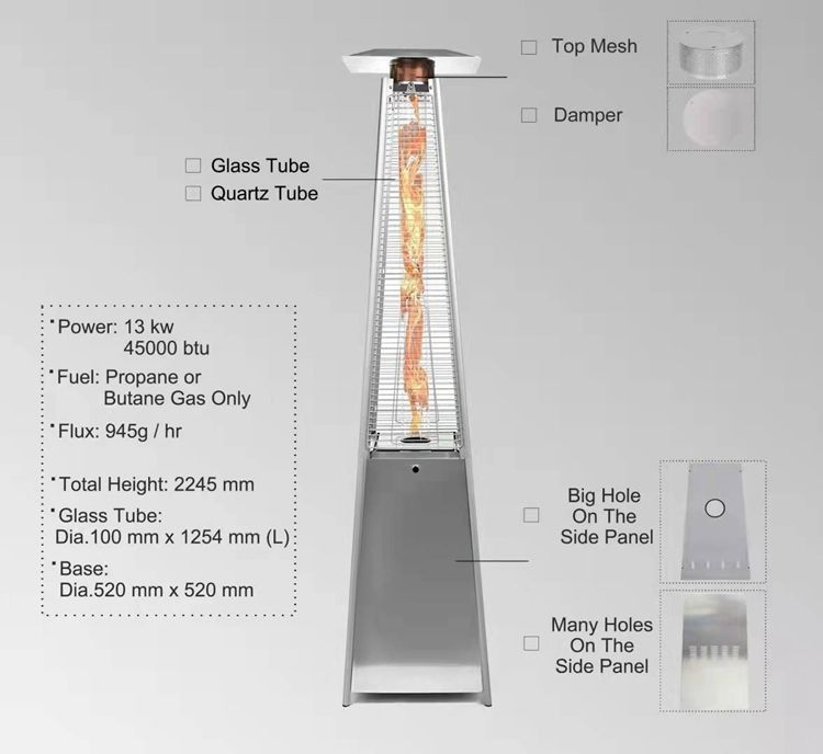 Outdoor Garden Use Standing Tower Propane Gas Glass Tube Gas Heater Customizable Pyramid Heater