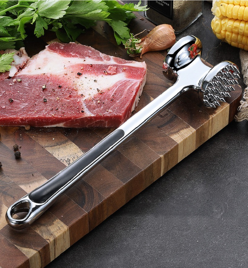 Shiny-Metal Meat Pounder Crushing Flattening Tool Kitchen Hammer Dual Sided Handle Bl16353
