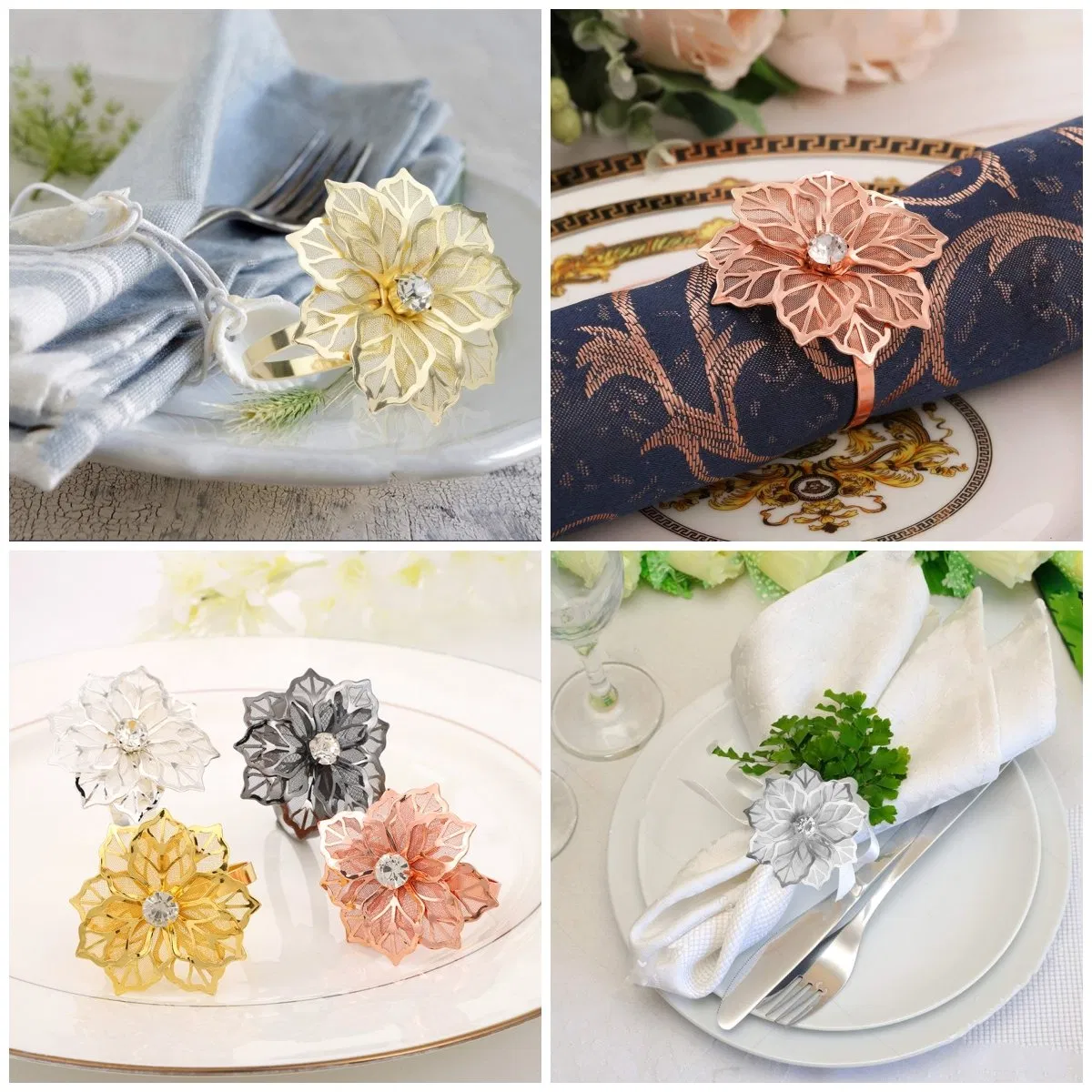 Metal Napkin Rings Gold Hollow out Flower Napkin Holder for Wedding Party