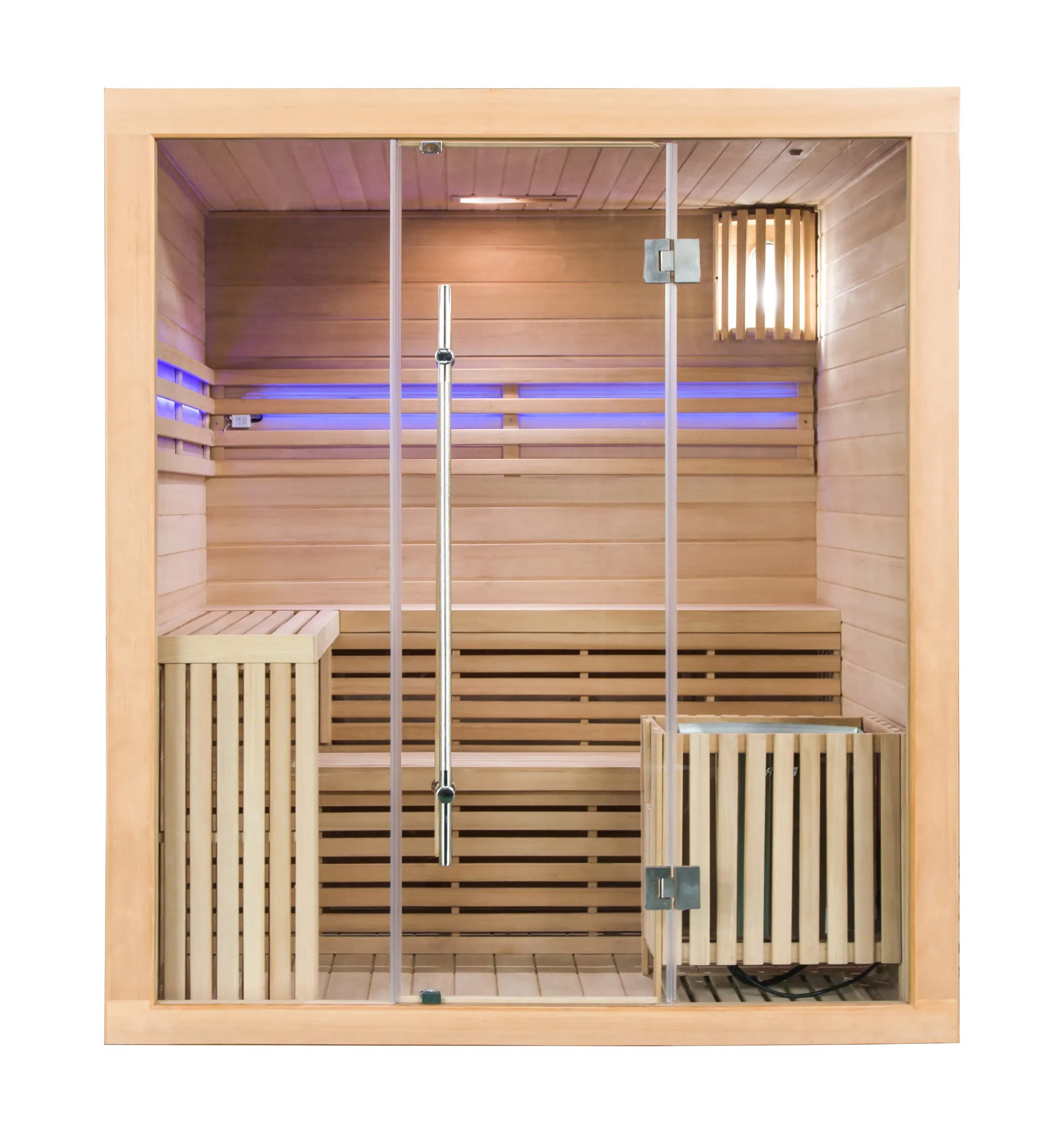 Финская сауна для дома с двухъярусной скамьей