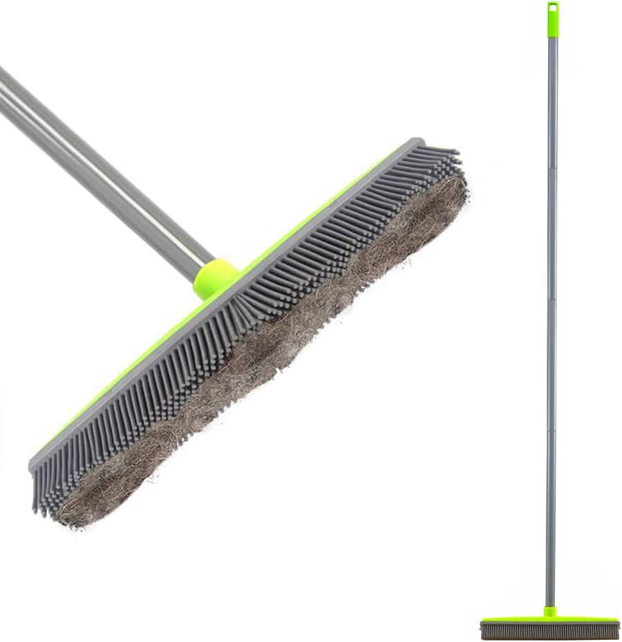 Water Resistant Long Handle Rubber Broom for Pet Cat Dog Hair Carpet