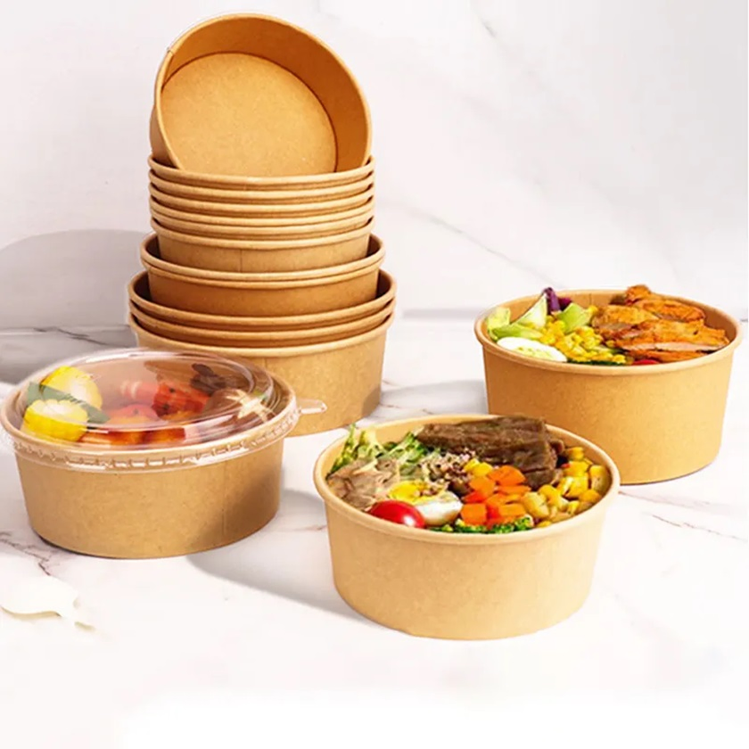 Disposable Kraft Paper Salad Paper Bowl with Lid for Fast Food