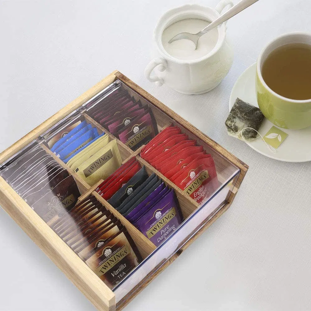 Acacia Wood Tea Bag Organizer Storage Box 6 Compartments Tea Chest Box with Acrylic Transparent Hinged Lid
