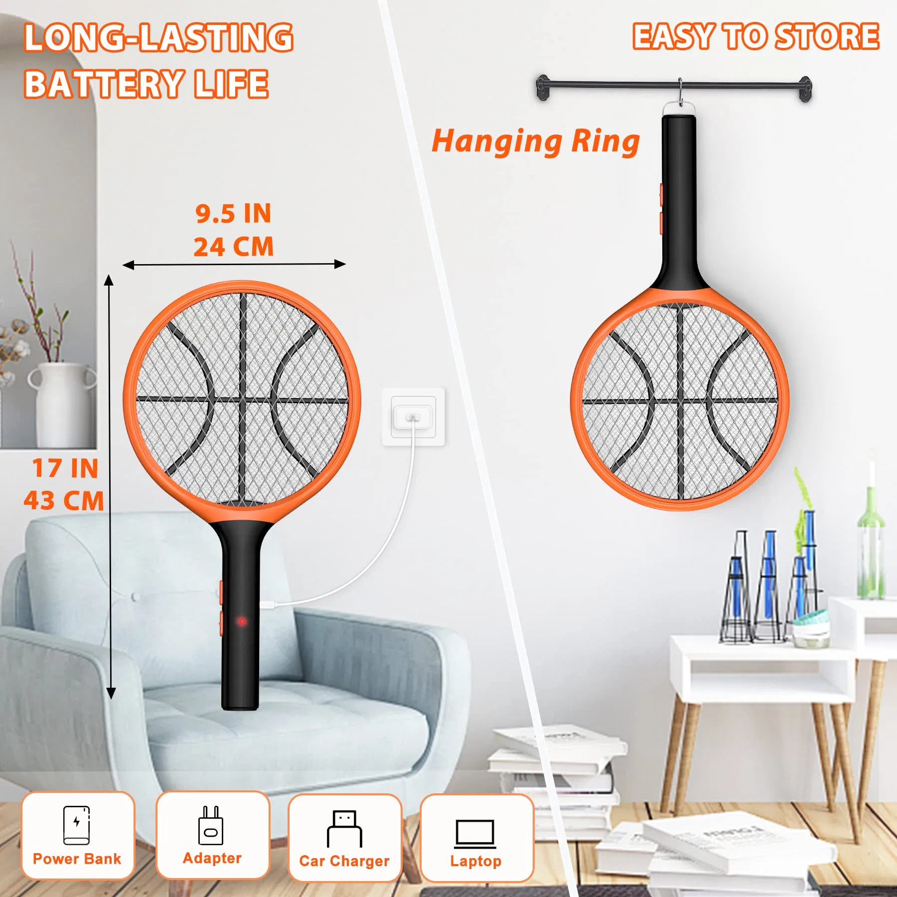 Wholesale ODM Rechargeable Fly Swatter Hanging Ring Large Size Electric Mosquito Killer