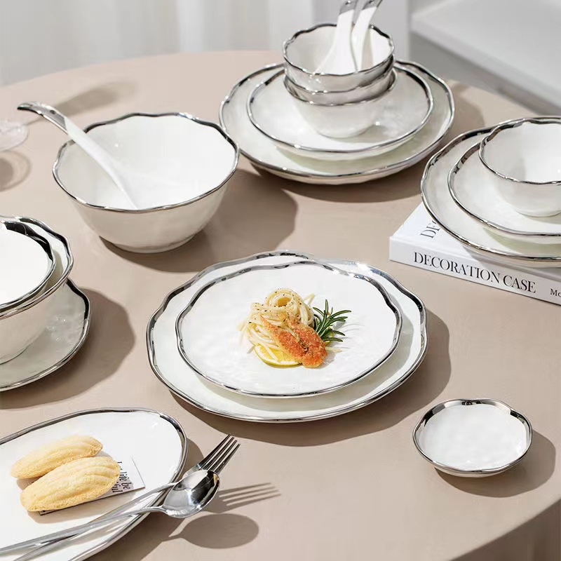Luxury White Ceramic Dinnerware Set Featuring Silver Accents