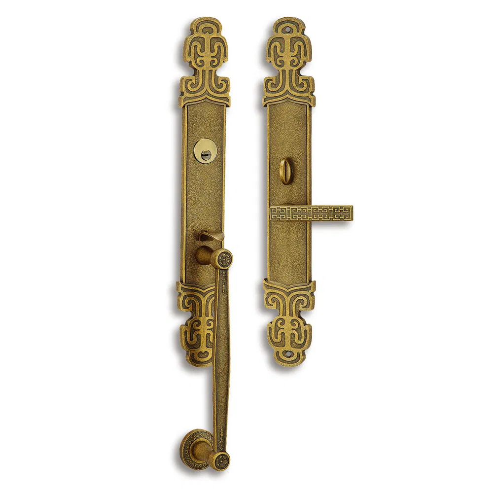 Hot Selling Gold Noble Brass Carved Main Door Wooden Door Lock Villa Brass Door Handle Lock Set