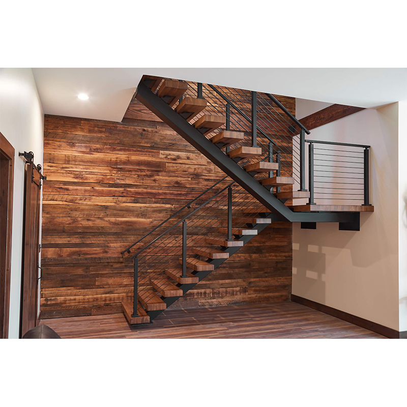 Modern Single Beam Straight Wooden Staircase with Railings